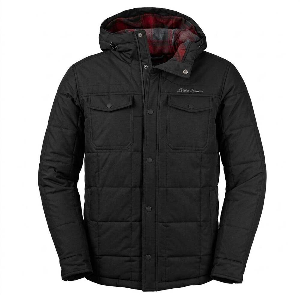 Eddie Bauer Boundary Pass Hooded Snap Jacket Black Men's XL Plaid Flannel Lined